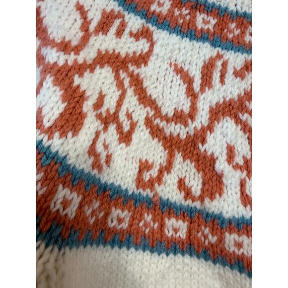 Vintage Ski Sweater Coral Teal White Wool Knit Cozy Winter High Neck Est LG - Picture 5 of 6